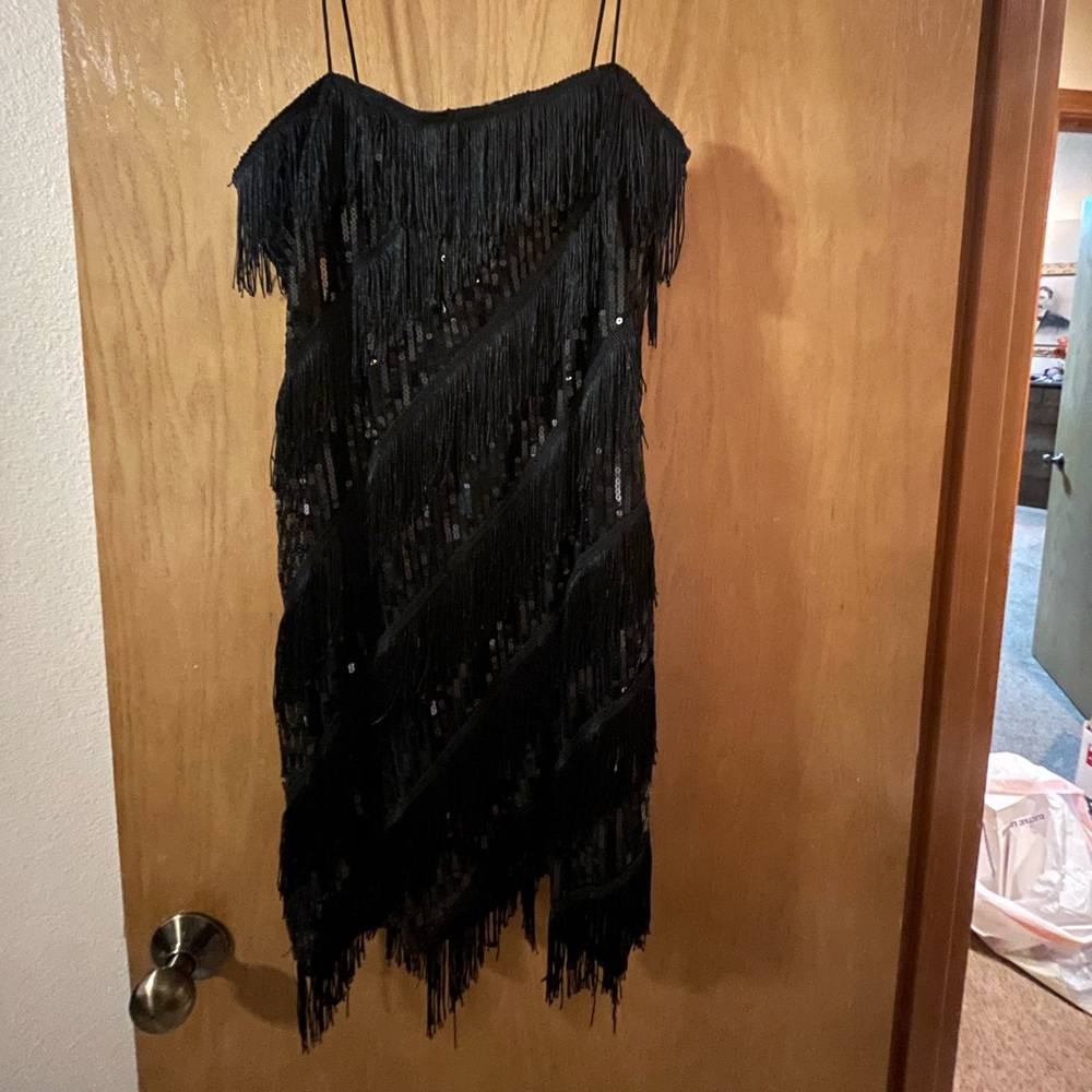Forever 21 sequin black fringe flapper strappy mini dress